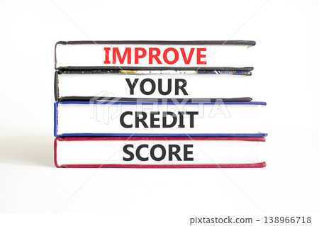 Improve your credit score words symbol. Concept words Improve your credit score on beautiful books. Beautiful white background. Business improve your credit score concept. Copy space. 138966718