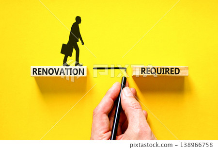 Renovation required words symbol. Concept words Renovation required on beautiful wooden blocks. Beautiful yellow background. Businessman hand. Business Renovation required words concept. Copy space. 138966758