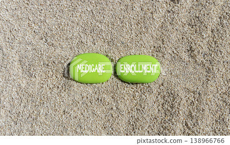 Medicare enrollment words symbol. Concept words Medicare enrollment on beautiful green stones. Beautiful sand background. Medical and Medicare enrollment words concept. Copy space. 138966766