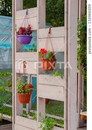 Hanging pots with colorful flowers at garden Hanging pots with colorful flowers at garden 138966809
