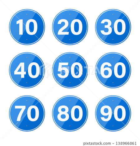 Vector 3d Blue Speed Limit Signs Set, Isolated. Round Traffic Road Sign Icons with Numbers 10 20 30 40 50 60 70 80 90. Driving Regulation Symbol Collection for Navigation, Transport and Safety Design 138966861