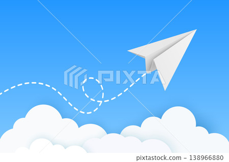 White Paper Airplane Icon, Vector Illustration. Flying Paper Plane with Dotted Line Trail. Email, Message Symbol. 3d Yellow Paper Airplane on Blue Sky Background White Paper Airplane Icon, Vector Illustration. Flying Paper Plane with Dotted Line Trail. Email, Message Symbol. 3d Yellow Paper Airplane on Blue Sky Background 138966880