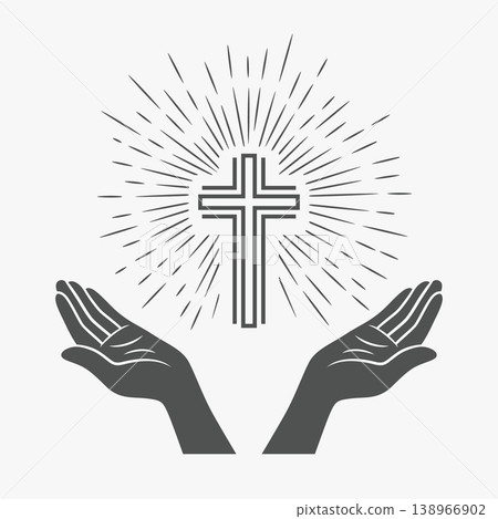 Vector Black and White Open Hands Silhouette with Cross and Rays. Symbol of Faith and Prayer. Design Template for Church Logo. Prayer, Religion Concept. Monochrome Cut Out Icon Vector Black and White Open Hands Silhouette with Cross and Rays. Symbol of Faith and Prayer. Design Template for Church Logo. Prayer, Religion Concept. Monochrome Cut Out Icon 138966902