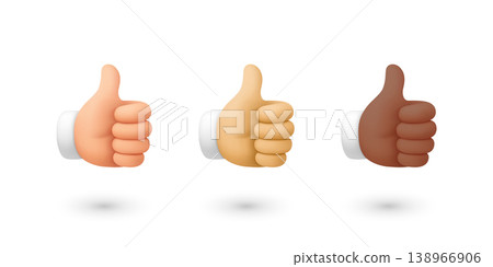 Vector 3d Thumbs Up Hand Icon Set. Like Gesture Symbol, Approval Sign. OK Positive Feedback. Social Media Reaction. Different Skin Tone Hands. Agreement, Support Concept Vector 3d Thumbs Up Hand Icon Set. Like Gesture Symbol, Approval Sign. OK Positive Feedback. Social Media Reaction. Different Skin Tone Hands. Agreement, Support Concept 138966906