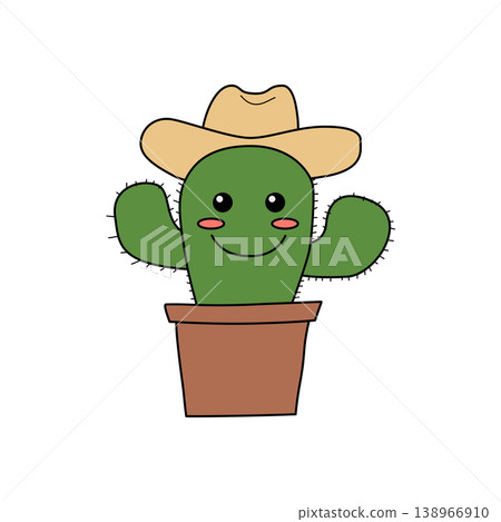 Cute Cartoon Cactus Character in a Pot with a Cowboy Hat  on white background. 138966910