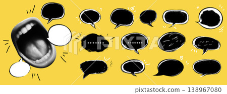 Pop art collage of a mouth screaming in a speech bubble. Hand-drawn vector illustration with grunge, charcoal, and ink textures. Comic-style dialogue and message icons. Pop art collage of a mouth screaming in a speech bubble. Hand-drawn vector illustration with grunge, charcoal, and ink textures. Comic-style dialogue and message icons. 138967080