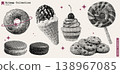 Sweet Retro Candy Collage Bitmap Art Featuring Colorful Cookies Ice Cream Muffins Macaroons and Cherry Chocolate With Vintage Halftone Texture and Punk Disco Aesthetic 138967085