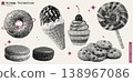 Sweet Candy Collage Bitmap Set with Cookies Ice Cream Muffins Macaroons and Cherry Dessert Retro Halftone Food Art Texture 138967086