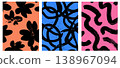 Abstract brush paint background set. Vintage grunge texture. Retro vector poster collection with geometric patterns, scribbles, and floral elements in blue, orange, and pink. 138967094