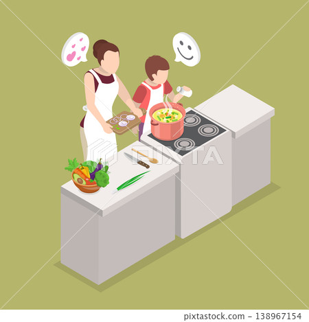 3D Isometric Flat Vector Illustration of Cooking With Mom, Young Child Assisting Mother In Preparing A Pot Of Soup. 3D Isometric Flat Vector Illustration of Cooking With Mom, Young Child Assisting Mother In Preparing A Pot Of Soup. 138967154