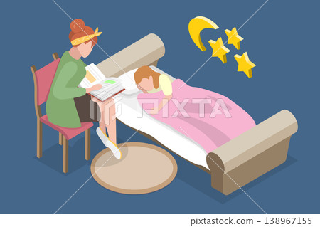 3D Isometric Flat Vector Illustration of Bedtime Story, Joyful Child Enjoys Story Time With Mother. 138967155
