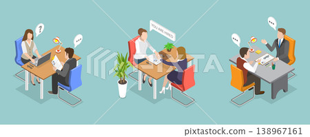 3D Isometric Flat Vector Illustration of Job Interview, Headhunter Manager And Job Seeker Business Meeting In Office 138967161