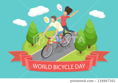 3D Isometric Flat Vector Illustration of World Bicycle Day, Promoting Health, Equity, and Sustainability Through Cycling 138967162