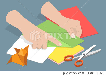3D Isometric Flat Vector Illustration of Paper Origami, Hands Craft Color Origami Paper Character Using Tools Like Paper, Scissors, And Glue. 138967163