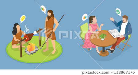 3D Isometric Flat Vector Illustration of Primitive Vs Modern Couple, Evolution Of Cave Primitive Life 138967170