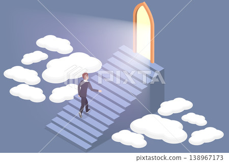 3D Isometric Flat Vector Illustration of Door To Heaven, Man Ascending Stairs Toward HeavenS Gate 138967173