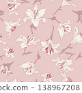 Vintage seamless pattern with hand drawn white lily flowers on pastel pink background 138967208