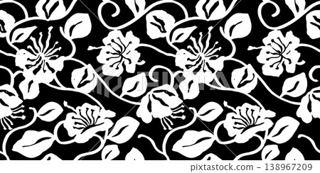 Seamless monochrome pattern with hand drawn abstract flowers and leaves vine. Artistic black and white brush strokes trailing floral design Seamless monochrome pattern with hand drawn abstract flowers and leaves vine. Artistic black and white brush strokes trailing floral design 138967209