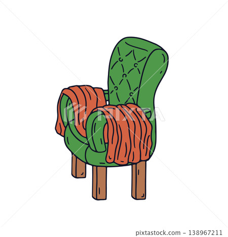 Hand drawn doodle soft armchair with blanket icon. Line art boho lounge drawing Hand drawn doodle soft armchair with blanket icon. Line art boho lounge drawing 138967211