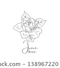 Hand drawn black and white line art flower with text june rose 138967220
