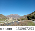 Bright summer day view of Hidikus village, Kurtatinsky Gorge, North Ossetia, Russia. Secluded settlement nestled in a mountain valley with green meadows and rocky peaks 138967253