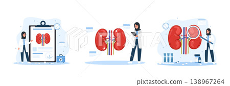 Kidney diseases set. Renal pain or urinary health. Medical vector illustration in flat cartoon style Kidney diseases set. Renal pain or urinary health. Medical vector illustration in flat cartoon style 138967264