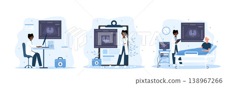 Kidney diseases set. Ultrasound diagnosis. Medical care for cysts or cancer. Vector illustration in flat cartoon style Kidney diseases set. Ultrasound diagnosis. Medical care for cysts or cancer. Vector illustration in flat cartoon style 138967266
