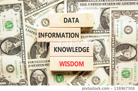 Knowledge Wisdom symbol. Concept words Data Information Knowledge Wisdom on beautiful wooden blocks. Beautiful dollar bills background. Business Knowledge Wisdom Information concept. Copy space. 138967308