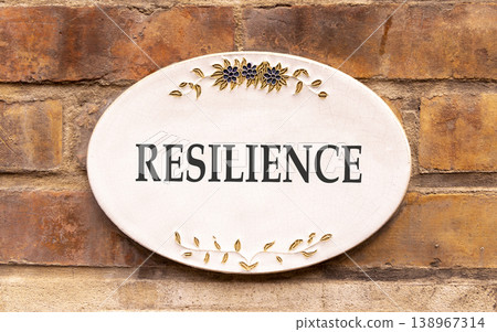 Resilience symbol. Concept word Resilience on beautiful white marble sign plate. Beautiful ancient brick wall background. Business resilience concept. Copy space. 138967314