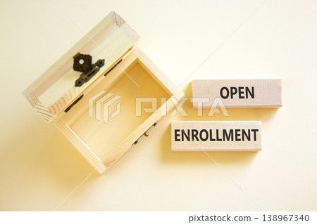Open enrollment words symbol. Concept words Open enrollment on beautiful wooden blocks. Beautiful white background. Empty wooden chest. Medical and Open enrollment words concept. Copy space. Open enrollment words symbol. Concept words Open enrollment on beautiful wooden blocks. Beautiful white background. Empty wooden chest. Medical and Open enrollment words concept. Copy space. 138967340