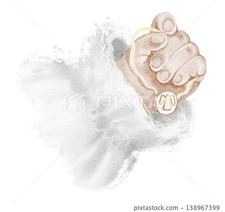 Child hand watercolor hand painted illustration holding pendant jewelry. Hand isolated close up object with minimal simple composition. Design element for family, gift and emotional concept use. Child hand watercolor hand painted illustration holding pendant jewelry. Hand isolated close up object with minimal simple composition. Design element for family, gift and emotional concept use. 138967399