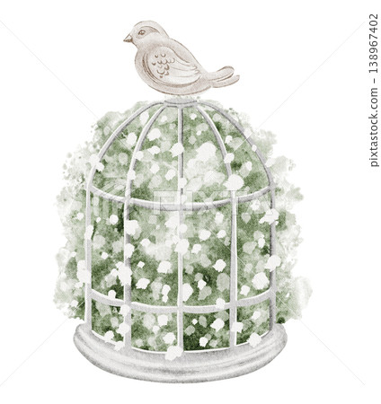 Flower birdcage hand painted watercolor illustration of vintage floral composition. Bird cage isolated clipart object with blooming plants and ornamental style. Suitable for bridal and event design. Flower birdcage hand painted watercolor illustration of vintage floral composition. Bird cage isolated clipart object with blooming plants and ornamental style. Suitable for bridal and event design. 138967402