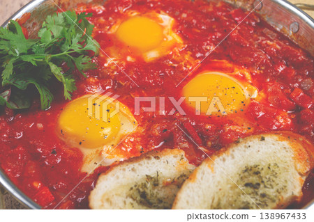 shakshuka, breakfast, fried eggs in tomato sauce, with spices and herbs, homemade, no people, shakshuka, breakfast, fried eggs in tomato sauce, with spices and herbs, homemade, no people, 138967433