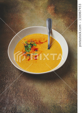 pumpkin cream soup, in a white bowl on a textured background, top view, homemade, no people, rustic style, 138967453