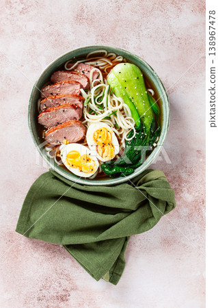 ramen soup with duck and noodles, with eggs and bok choy, homemade, no people, ramen soup with duck and noodles, with eggs and bok choy, homemade, no people, 138967478