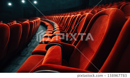 Interior view of a classic cinema theater featuring rows of vibrant red seats 138967783