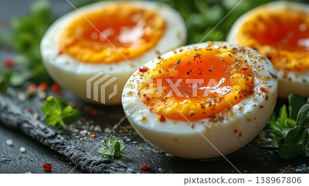 Halved soft boiled eggs with seasoned yolks on dark slate 138967806
