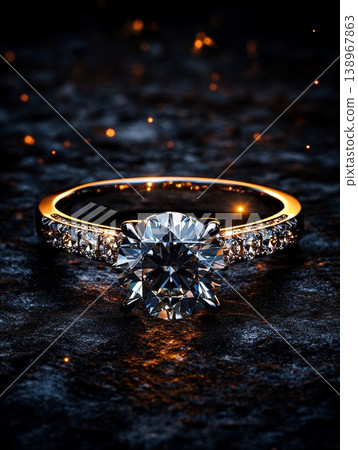 Diamond engagement ring with gold band on dark reflective surface 138967863