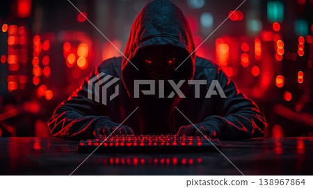 Hooded figure typing on a keyboard with glowing red lights in the background 138967864