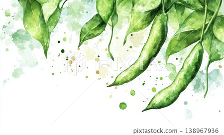 Intricate watercolor illustration of fresh green beans with lush leaves Intricate watercolor illustration of fresh green beans with lush leaves 138967936