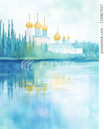 Serene watercolor illustration of a church with golden domes by a tranquil lake Serene watercolor illustration of a church with golden domes by a tranquil lake 138967937