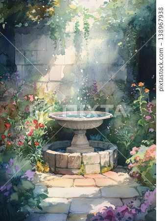Watercolor garden courtyard with stone fountain and soft sunlight Watercolor garden courtyard with stone fountain and soft sunlight 138967938