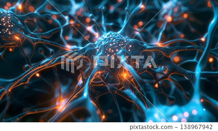 Complex network of glowing blue nodes interconnected with bright lights 138967942