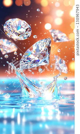 Sparkling faceted diamonds splashing into blue water with warm bokeh light 138967943