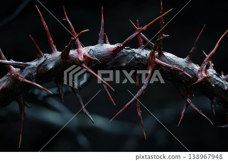 Close up of a rugged crown of thorns against dark background 138967948