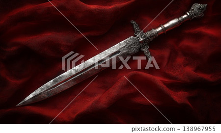 Intricately detailed ornate dagger on richly textured red fabric background Intricately detailed ornate dagger on richly textured red fabric background 138967955