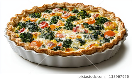 Fresh vegetable quiche in ceramic dish on white background Fresh vegetable quiche in ceramic dish on white background 138967956