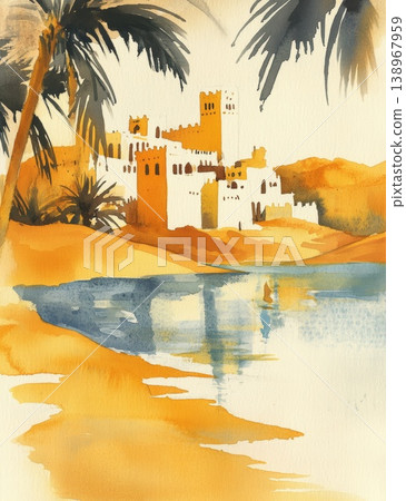 Ancient desert oasis city with palm trees and water reflection Ancient desert oasis city with palm trees and water reflection 138967959