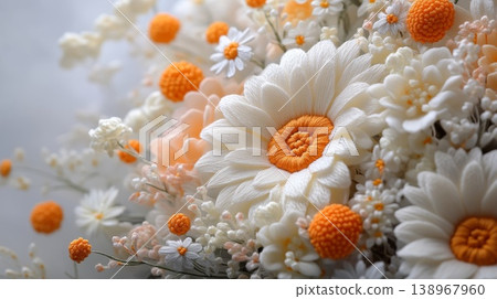 Intricately embroidered white daisies with orange centers on light background 138967960
