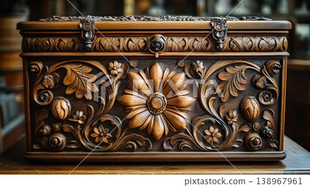Intricately Hand Carved Wooden Chest with Floral Designs and Decorative Accents Intricately Hand Carved Wooden Chest with Floral Designs and Decorative Accents 138967961